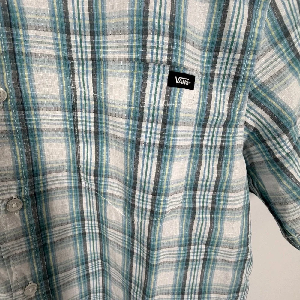 Vans Tripton Mens Teal Blue Plaid Short Sleeve Button Down Shirt Men Size Medium